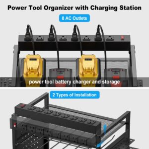 JUNNUJ Power Tool Organizer Floor Stand with Charging Station, Garage Adjustable Storage Rack Utility Tool Shelf with 8 Outlet Power Strip, Heavy Duty Drill and Battery Holder, Black