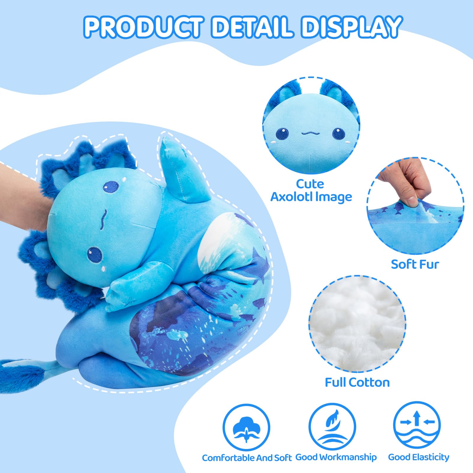 Caaaat Long Axolotl Plush, 20″ Cute Blue Axolotl Body Pillow - Long Axolotl Stuffed Animals Soft Kids Plushie Pillow Toys for Girls (Small)