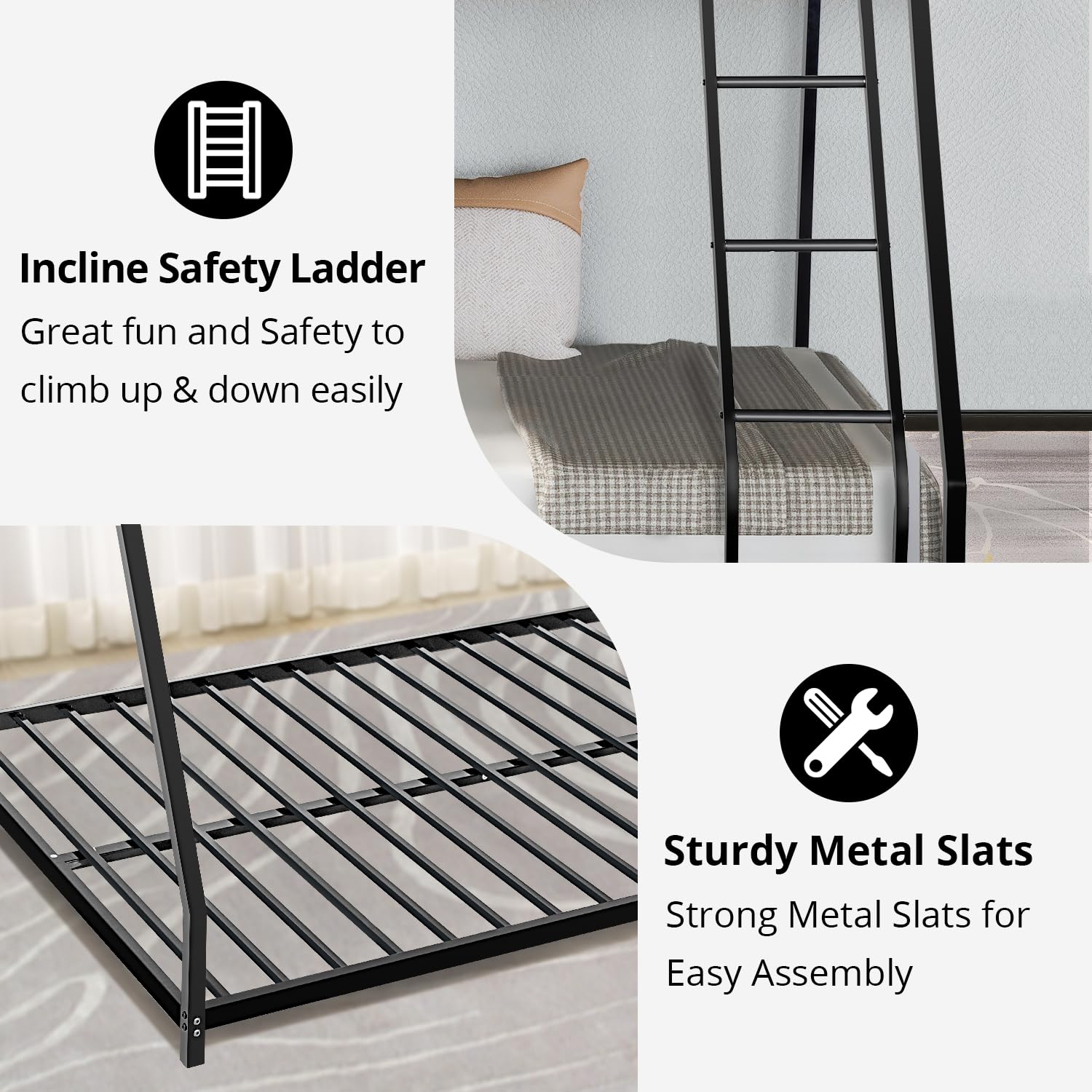 Twin Over Full Size Bunk Bed, Heavy Duty Metal Bunk Bed Frame with Inclined Ladder, Low Floor Bunk Bed for Teens Adults Dorm Bedroom Guest Room, Space Saving & Noise Free, No Box Spring Needed, Black