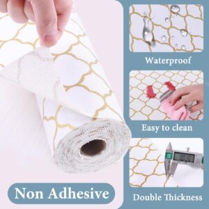 Shelf Liners for Kitchen Cabinets 12in x 20FT Non Adhesive Drawer Liner Gold Quatrefoil Thickened Shelf Liner Paper Strong Non-Slip Easy to Clean for Tool Box Refrigerator with Knife and Tape Measure