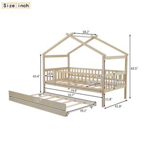 Twin Size House Bed with Trundle, Wooden Playhouse Kids Bed Frame with Roof and Fence, Montessori Style Bed with Guardrails for Kids, Teens, Boys, Girls, Natural.