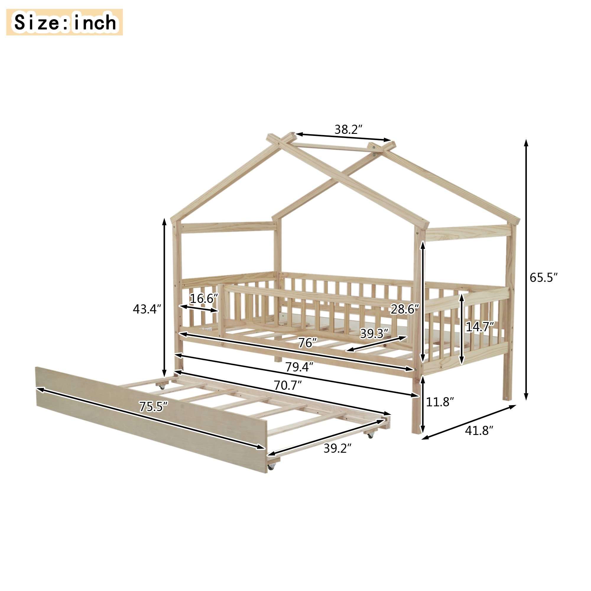 Twin Size House Bed with Trundle, Wooden Playhouse Kids Bed Frame with Roof and Fence, Montessori Style Bed with Guardrails for Kids, Teens, Boys, Girls, Natural.