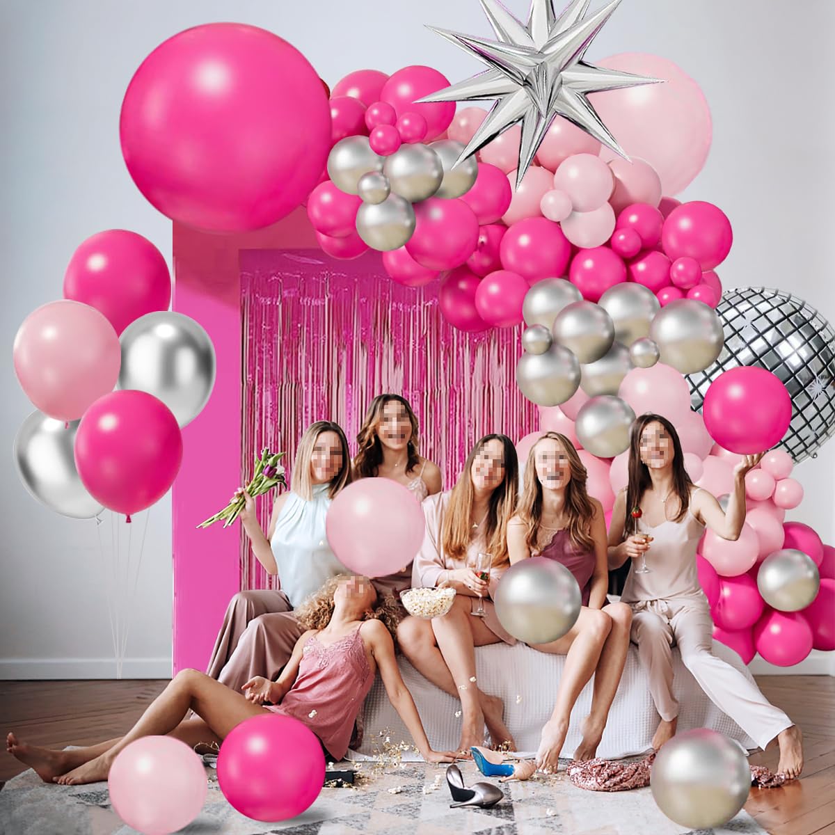 Hot Pink Balloon Garland Arch Kit,Pink silver Chrome Balloons with Silver Disco Ball Explosion Star Balloon for Girls Women Birthday Party Valentine's Day Bridal Shower Wedding Mother's Day