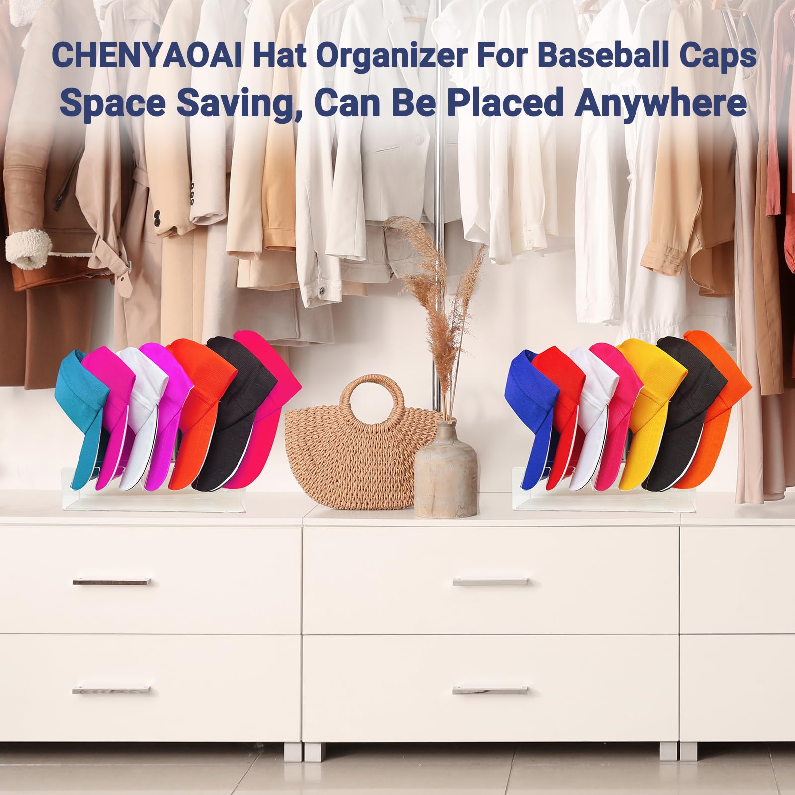 CHENYAOAI 2 Pack Hat Stand for Baseball Caps Display and Organizer, No Install Acrylic Hat Holder for 14 Baseball Caps for Bedroom, Closet, Dresser 2024 New (Clear)