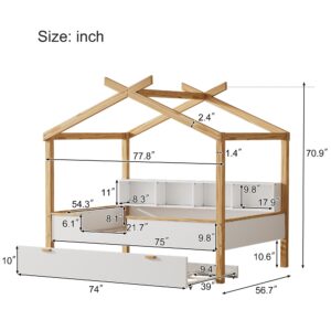 Goohome Kids House Bed with Storage Shelves, Full Size Montessori Bed with Bookcase, Roof Design Wooden Cabin Bed Frame with Twin Size Trundle for Girls Boys Teens, Saving Space