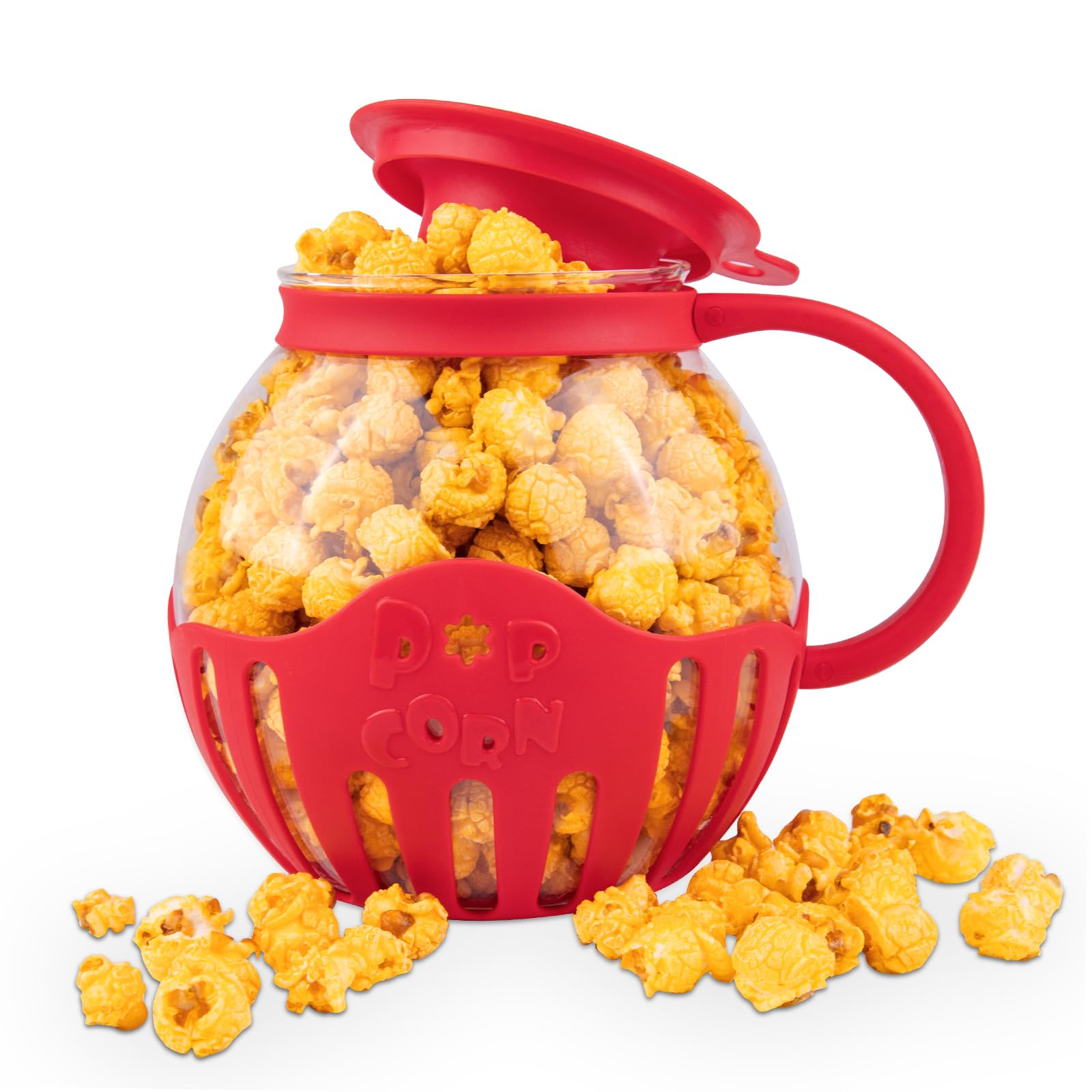 WURJEEIK Glass Microwave Popcorn Popper with 3-in-1 Multifunctional High Temperature Resistant Glass Popcorn Jar Silicone Lid for Family Party Red 1 pack