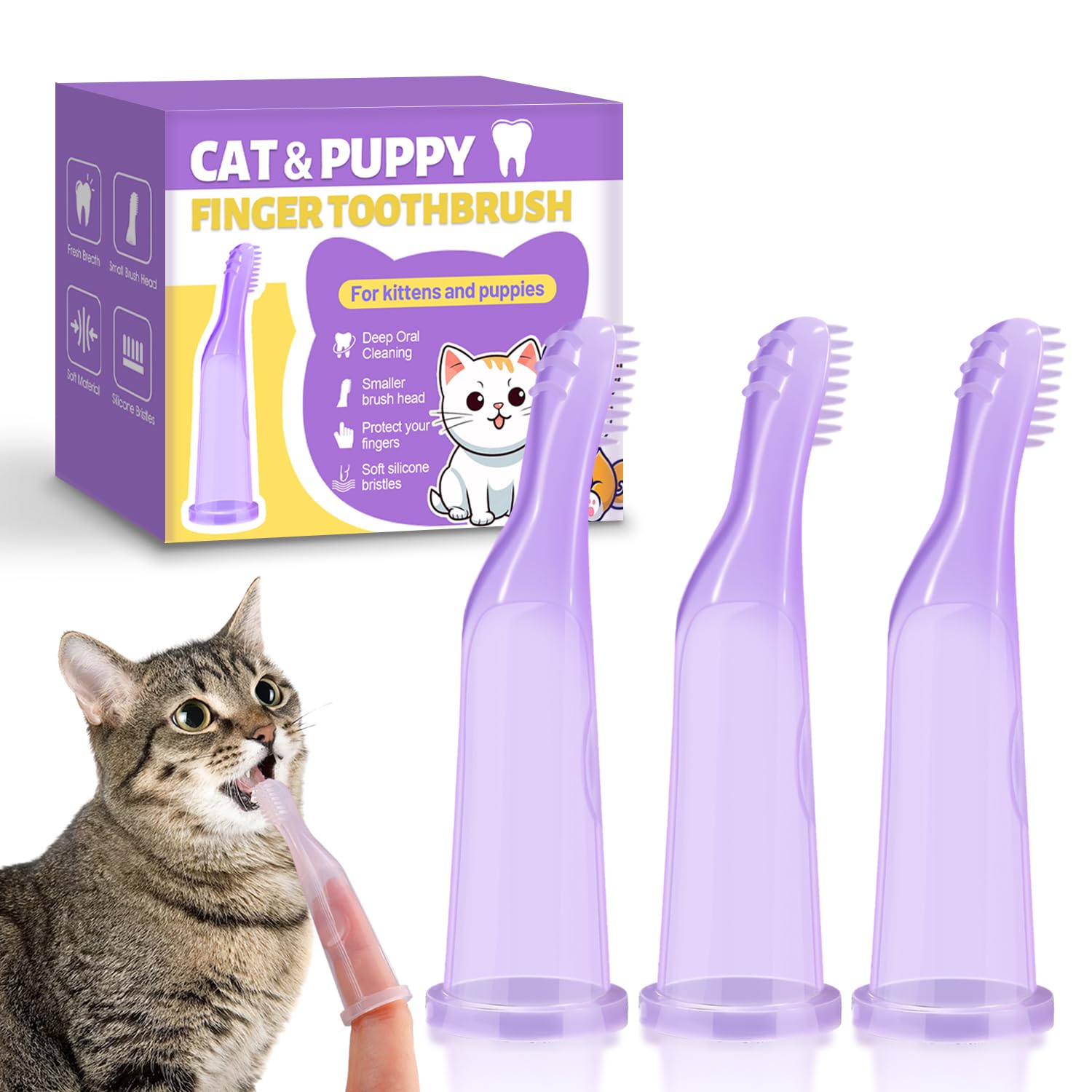 Cats & Puppies Finger Toothbrush-Extended design fits fingers up to 0.82” wideR, designed for kittens and puppies, Finger Toothbrush for Dogs, comes with self-adhesive naming and dental health card