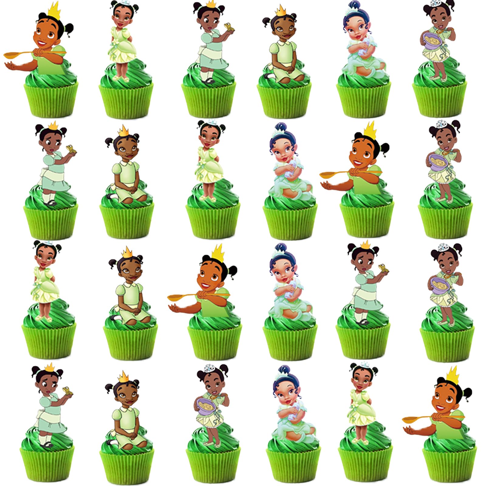 48Pcs Tiana Birthday Cake Topper Decoration Supplies for Tiana Children's Cupper Topper for Kids Birthday Party