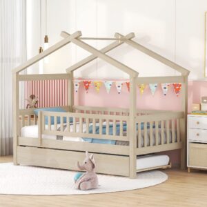 Twin Size House Bed with Trundle, Wooden Playhouse Kids Bed Frame with Roof and Fence, Montessori Style Bed with Guardrails for Kids, Teens, Boys, Girls, Natural.