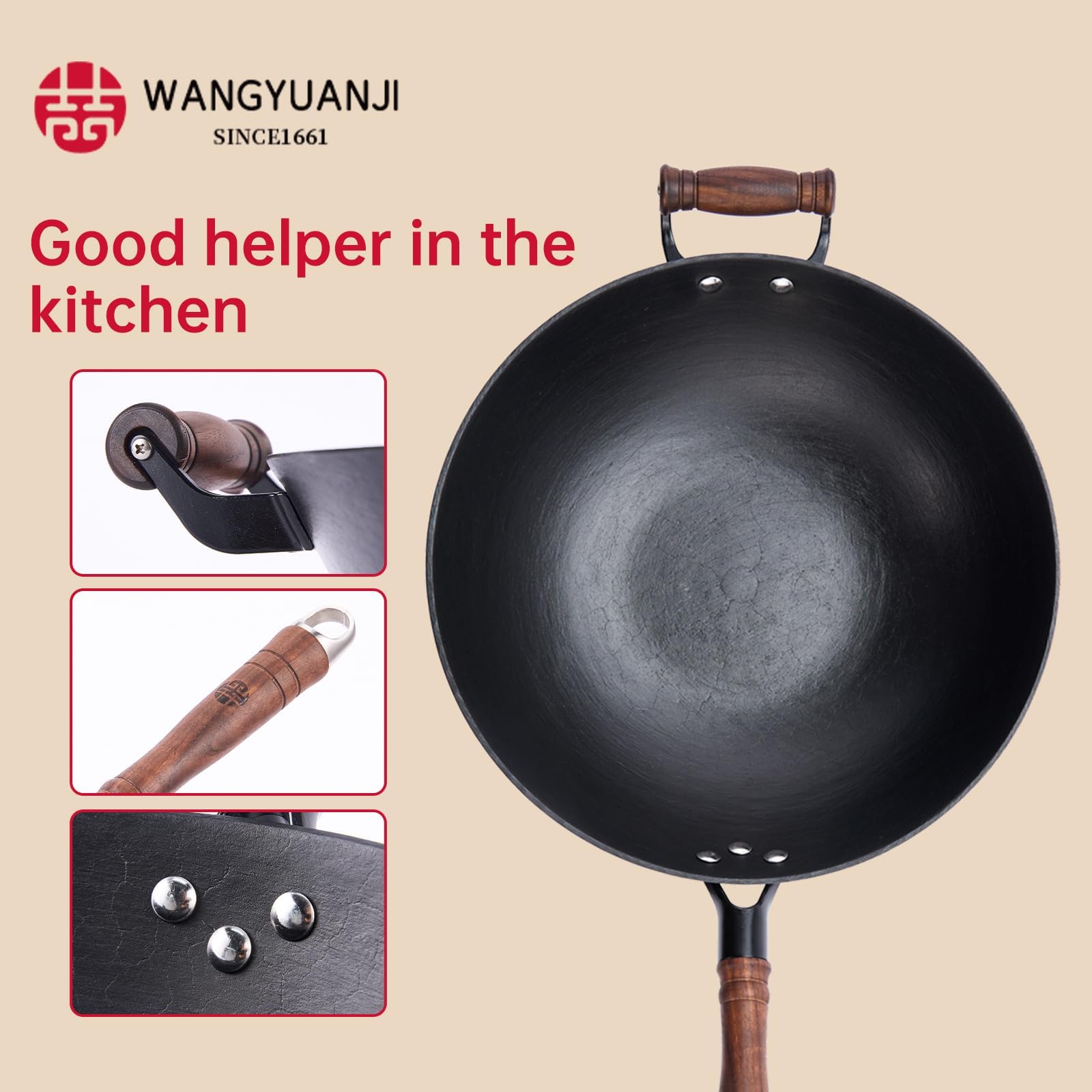 WANGYUANJI Cast Iron Wok,14.1'' Flat Bottom Wok with Glass Lid,Suitable for All Cooktops, Uncoated Craft Wok Healthy Cooking Wok