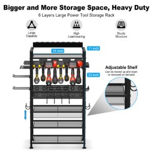 JUNNUJ Power Tool Organizer Floor Stand with Charging Station, Garage Adjustable Storage Rack Utility Tool Shelf with 8 Outlet Power Strip, Heavy Duty Drill and Battery Holder, Black