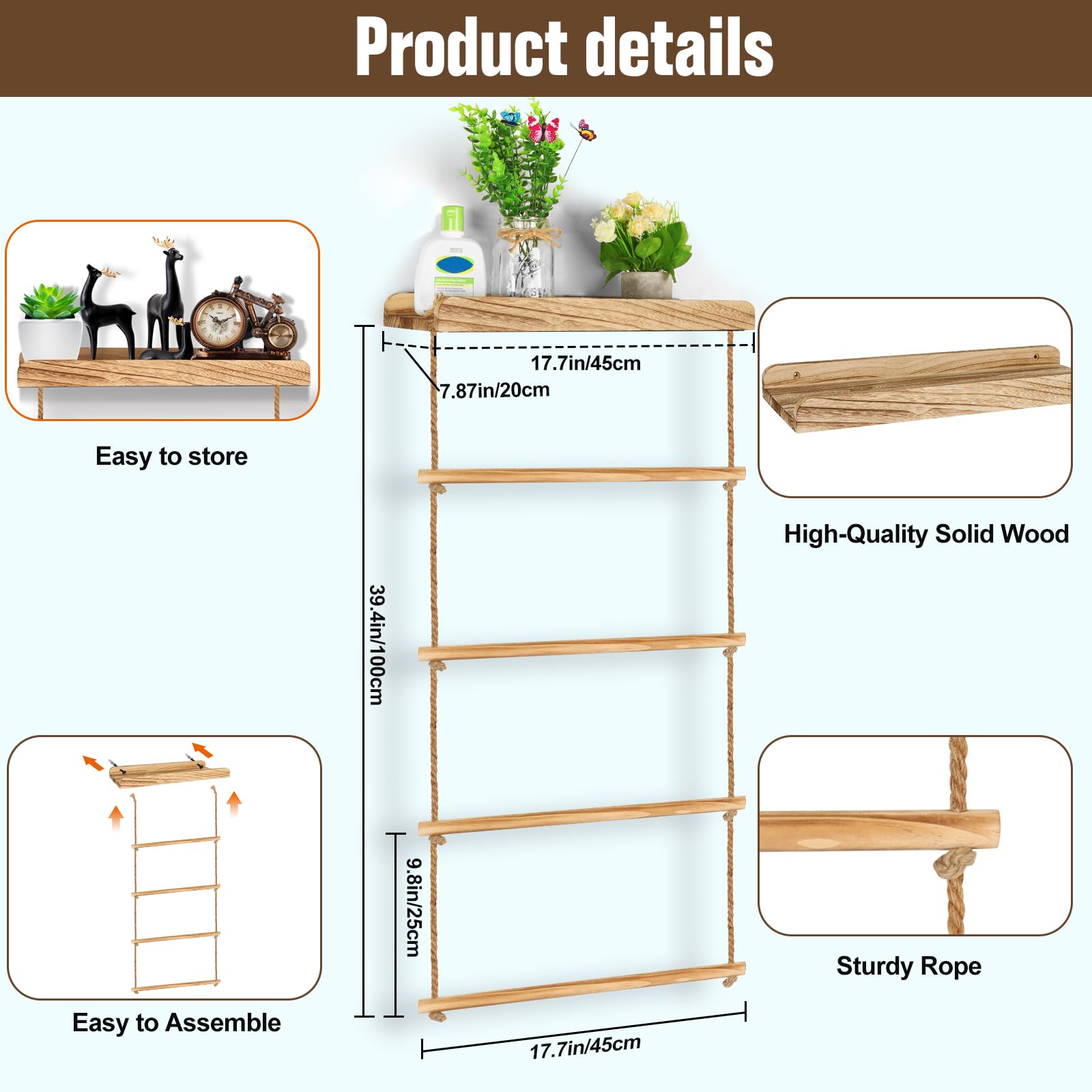 Grenfield Blanket Ladder Wooden 5-Tier, 2-in-1 Towel Racks & Blanket Ladders Quilt Rack Towel Holder Rack Ladder Shelves Decorative Ladder for Living Room Bedroom Bathroom Home Decor