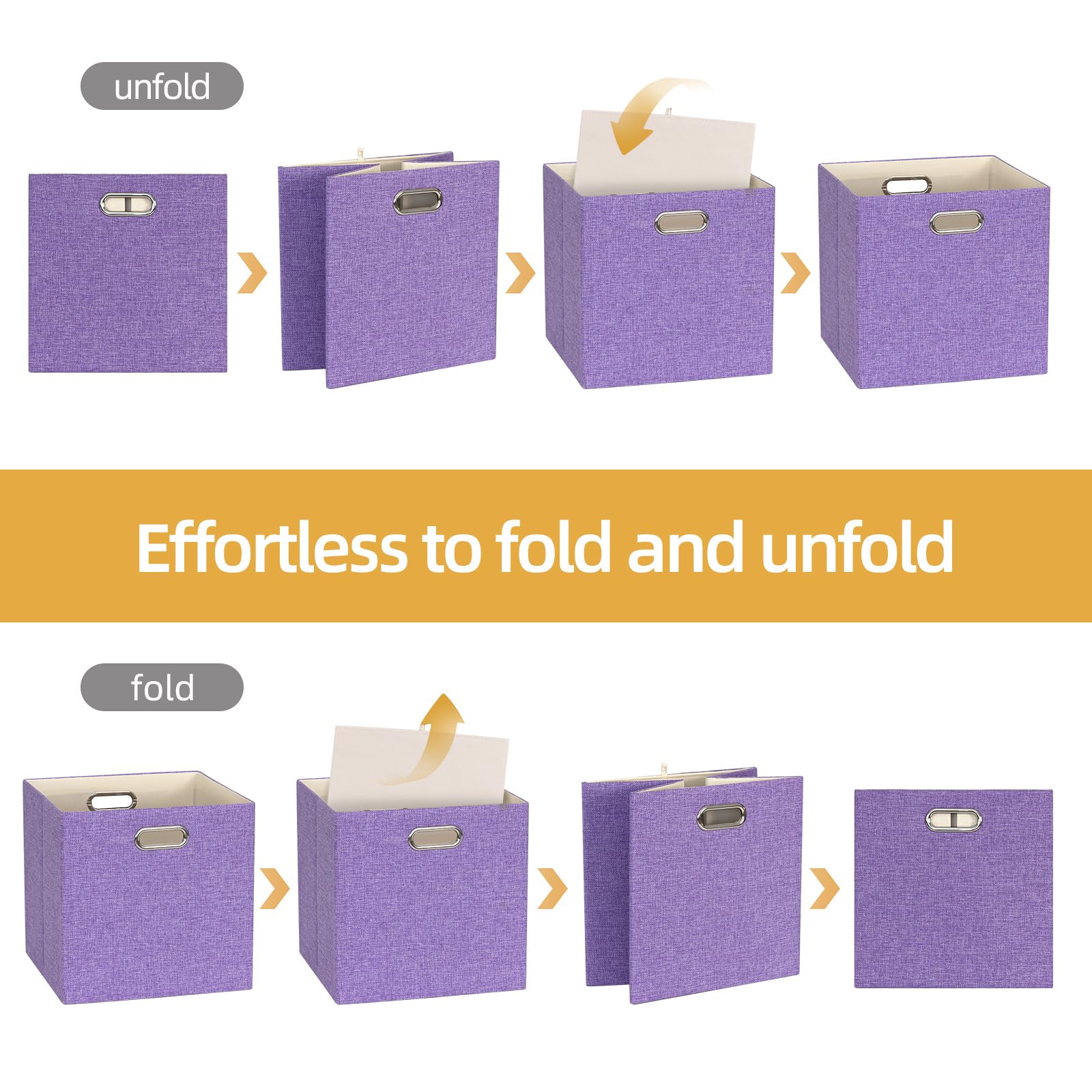 BinWhiz Set of 4 Collapsible Linen Storage Cubes - 13x13x13 Inches Fabric Bins for Kallax Shelves, Cabinet, Bookcase, Closet - Versatile Home Organizer Boxes for Decor and Laundry (Purple)