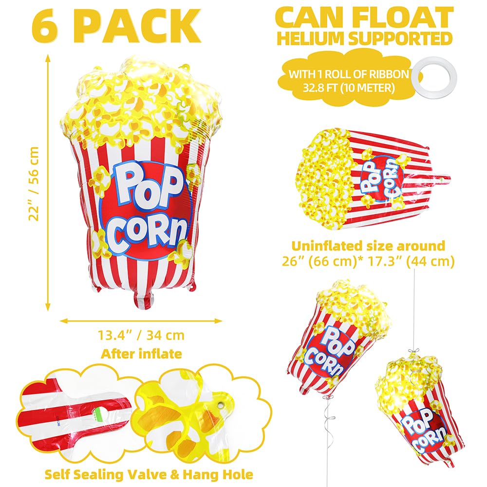 Big Popcorn Balloon Movie Night Party Decoration Carnival Circus Party Supplies, 6 Pack Cartoon Movie Popcorn Balloons Food Mylar Balloons For Happy Birthday Baby Shower Bridal Wedding Supplies