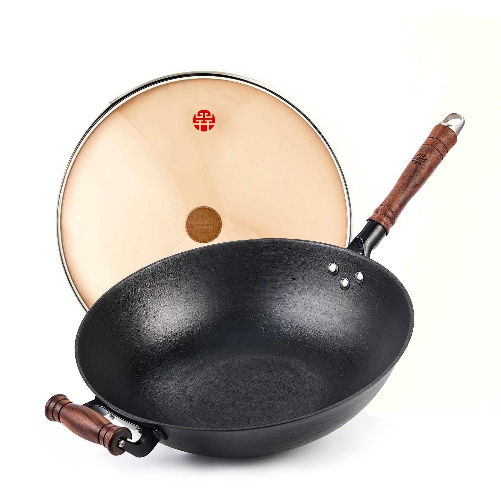 WANGYUANJI Cast Iron Wok,14.1'' Flat Bottom Wok with Glass Lid,Suitable for All Cooktops, Uncoated Craft Wok Healthy Cooking Wok