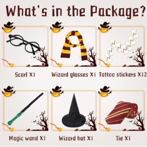 17PCs Wizard Party Favors Magic Wand Hat Glasses Frame Magic Scarf Tie Tattoo for Birthday Halloween Party Cosplay Costume Dress Up Accessories