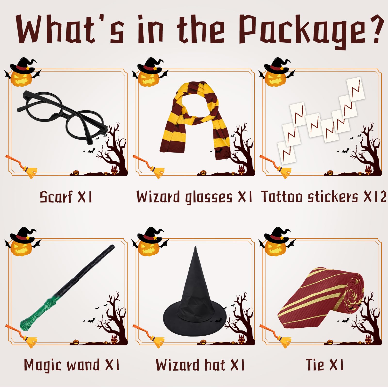 17PCs Wizard Party Favors Magic Wand Hat Glasses Frame Magic Scarf Tie Tattoo for Birthday Halloween Party Cosplay Costume Dress Up Accessories