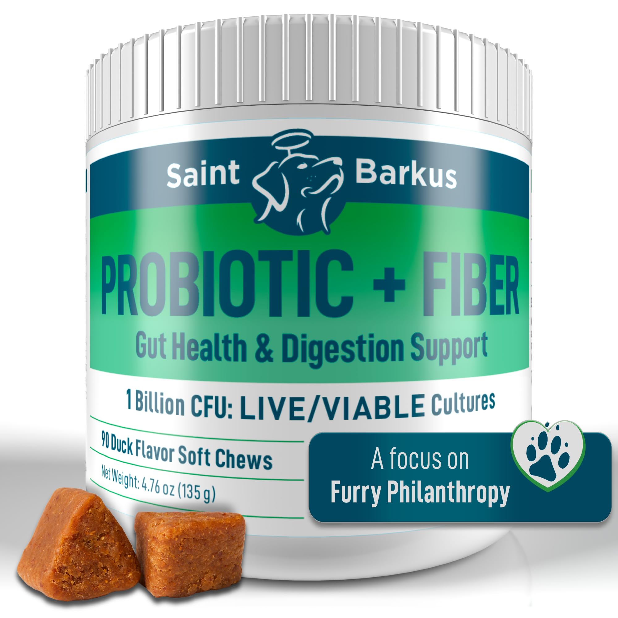 Saint Barkus Probiotic + Fiber Regularity & Digestive Health. Probiotic Supplements for Dogs for Gut Health, Regularity, Upset Stomach and Allergies. Give Back to No-Kill Shelters! 90 Count