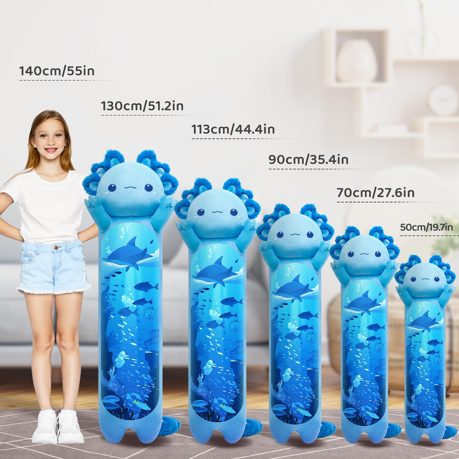 Caaaat Long Axolotl Plush, 20″ Cute Blue Axolotl Body Pillow - Long Axolotl Stuffed Animals Soft Kids Plushie Pillow Toys for Girls (Small)