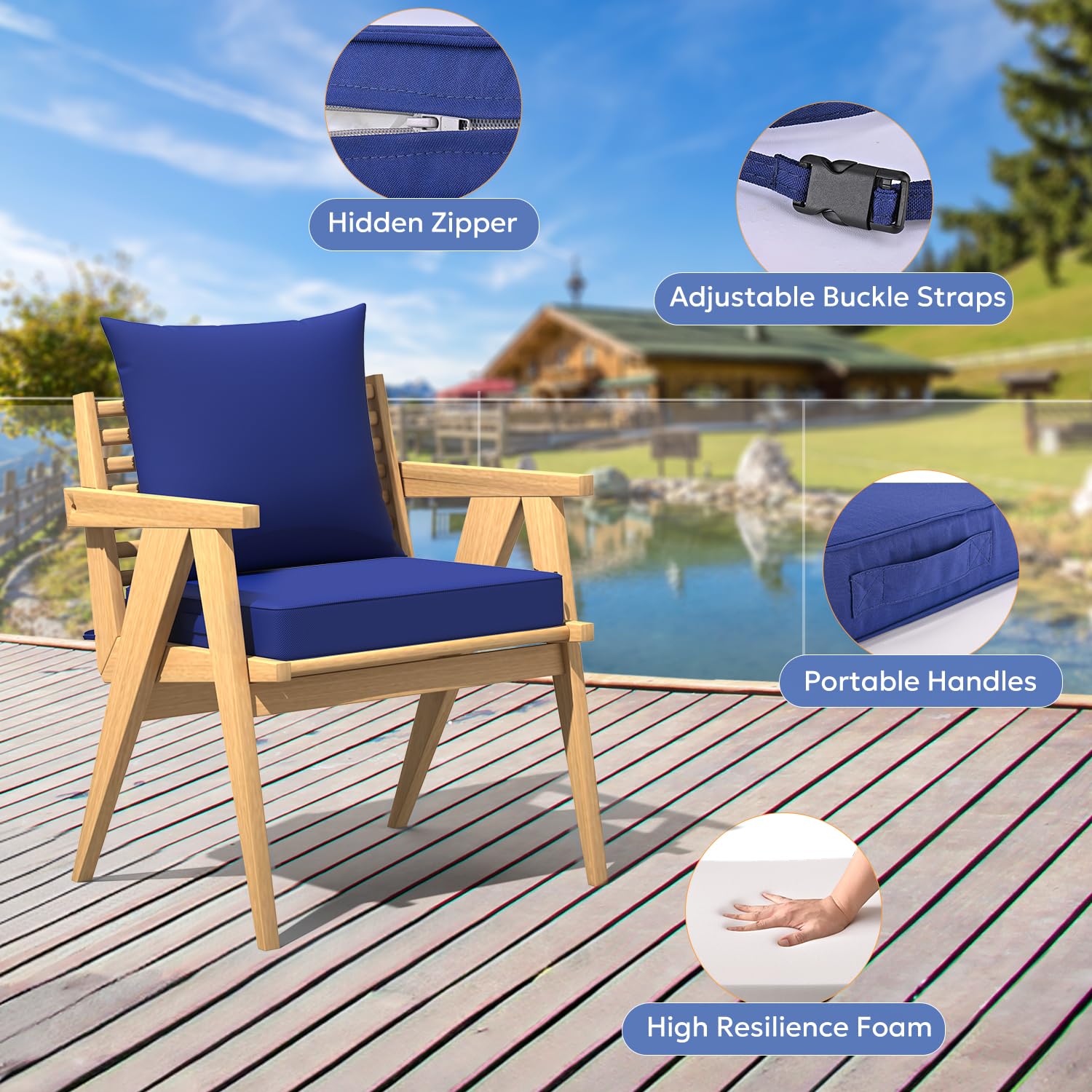 Gorpche Outdoor Deep Seat Set, Waterproof Outdoor Chair Cushions for Patio Furniture, Removable Patio Cushions Include Back Pillow & Seat Bottom with Ties, Foam, and Hidden Zipper-24 x 24 Inch, Blue