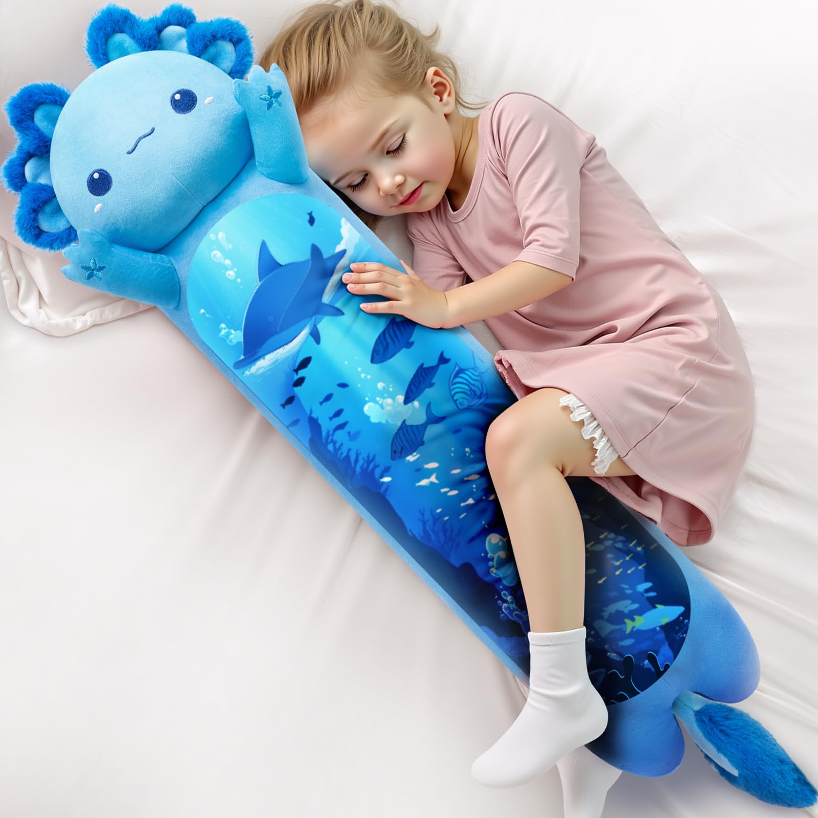 Caaaat Long Axolotl Plush, 20″ Cute Blue Axolotl Body Pillow - Long Axolotl Stuffed Animals Soft Kids Plushie Pillow Toys for Girls (Small)