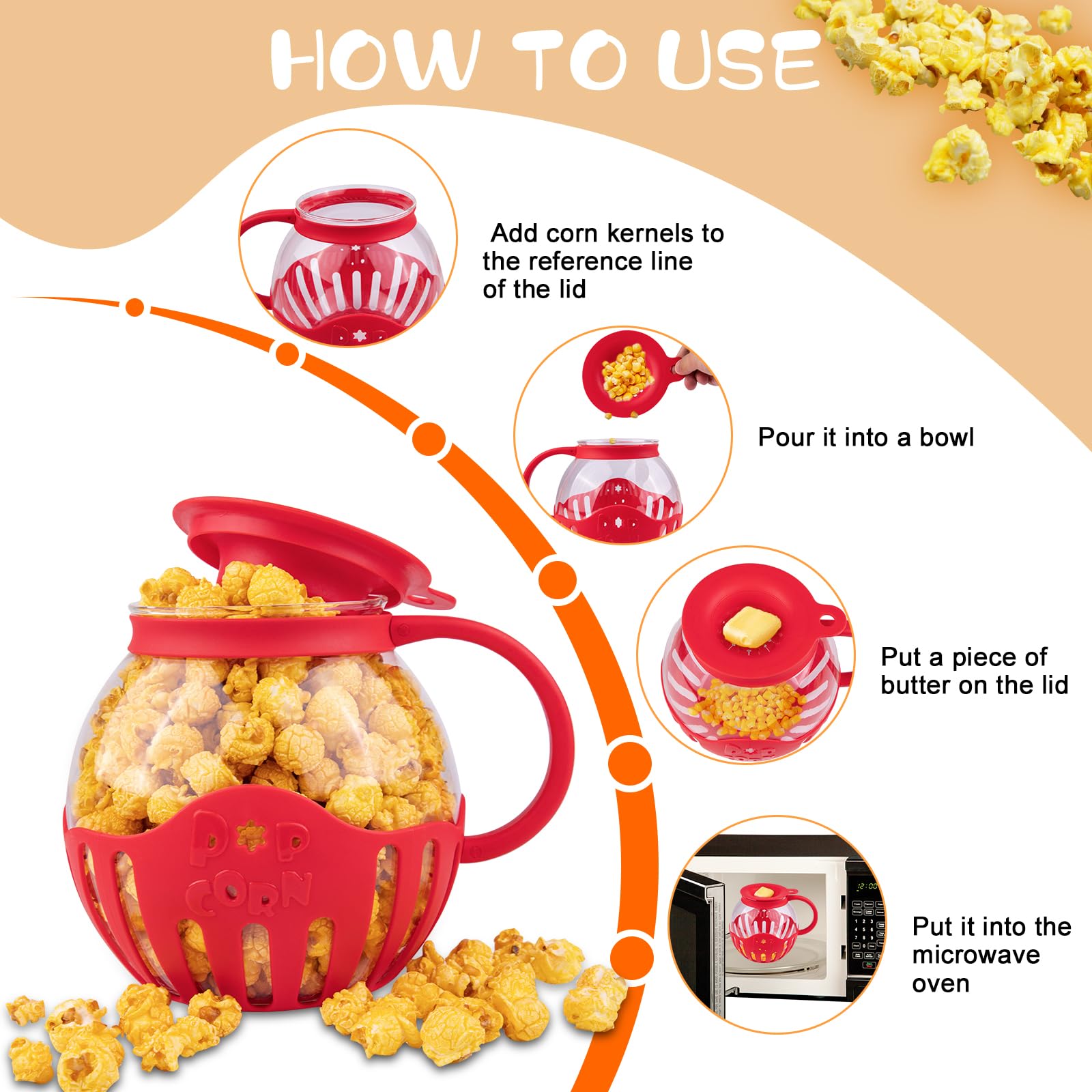 WURJEEIK Glass Microwave Popcorn Popper with 3-in-1 Multifunctional High Temperature Resistant Glass Popcorn Jar Silicone Lid for Family Party Red 1 pack