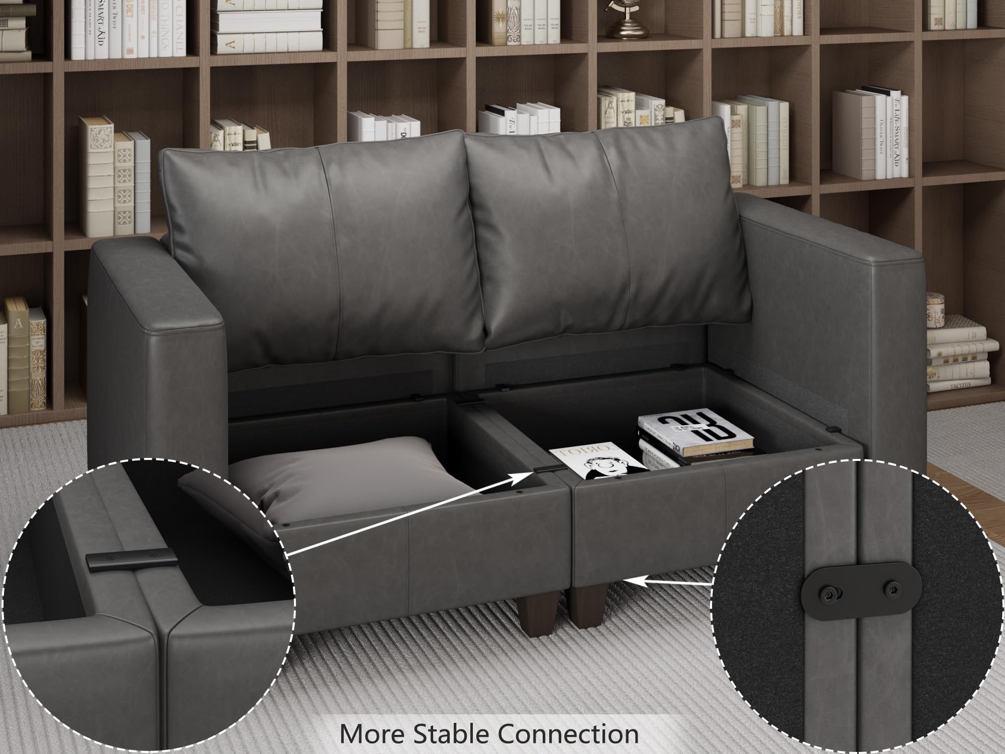 EASE MOOSE Convertible Modular Couch U Shaped Sofa with Storage Seat, Faux Leather Modular Sectional Sofa Oversized Sleeper Sofa with Reversible Chaises, Grey