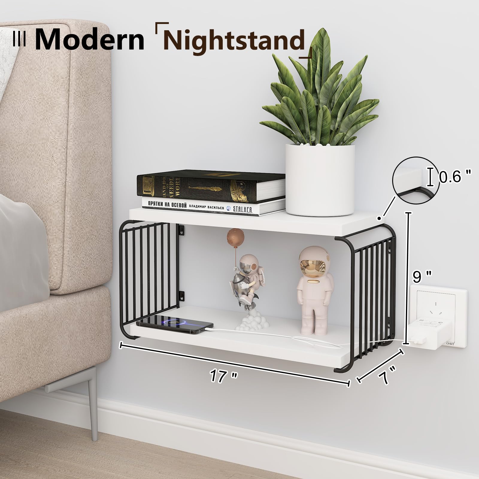 MXCSE Floating Nightstand Shelves – Modern Night Stand for Bedroom, Floating Nightstand, Durable Floating Shelf for Books, Nightstand Bedside Table, Mid Century Wall Shelves Nightstand (1, White)