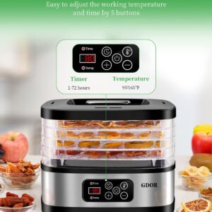 GDOR Food Dehydrator Machine with Adjustable Temperature & 72H Timer, 5-Tray Dehydrators for Food and Jerky, Fruit, Dog Treats, Herbs, Snacks, LED Display, 240W Electric Food Dryer with Recipe Book