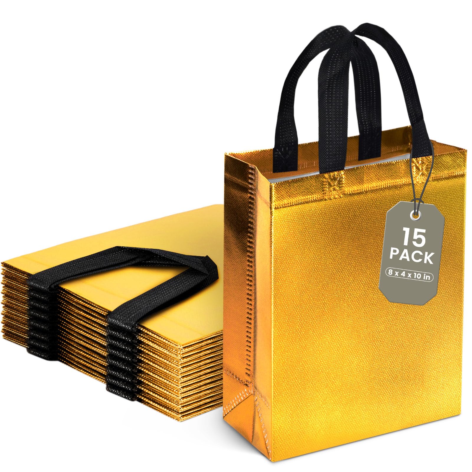 STARRKY 15PCS Reusable Gift Bags with Handles, Gold Gift Bags with Glossy Finish Non-woven Bags 8x4x10 Inch for Kids Birthday Wedding Party Favors