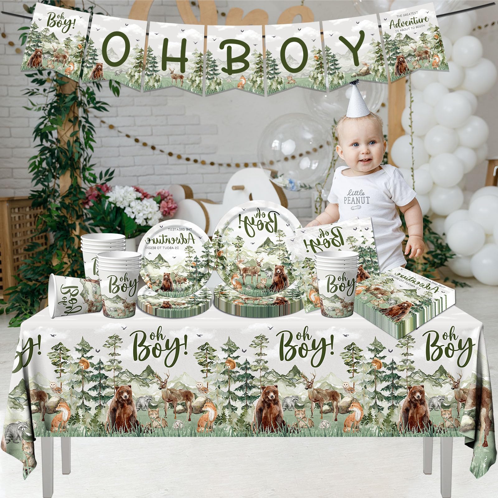 Let The Adventure Begin Baby Shower Tableware,Woodland Baby Shower Plates and Napkins Decorations Cups Banner Tablecloth for Adventure Awaits Baby Shower Boy Mountain Party Decorations