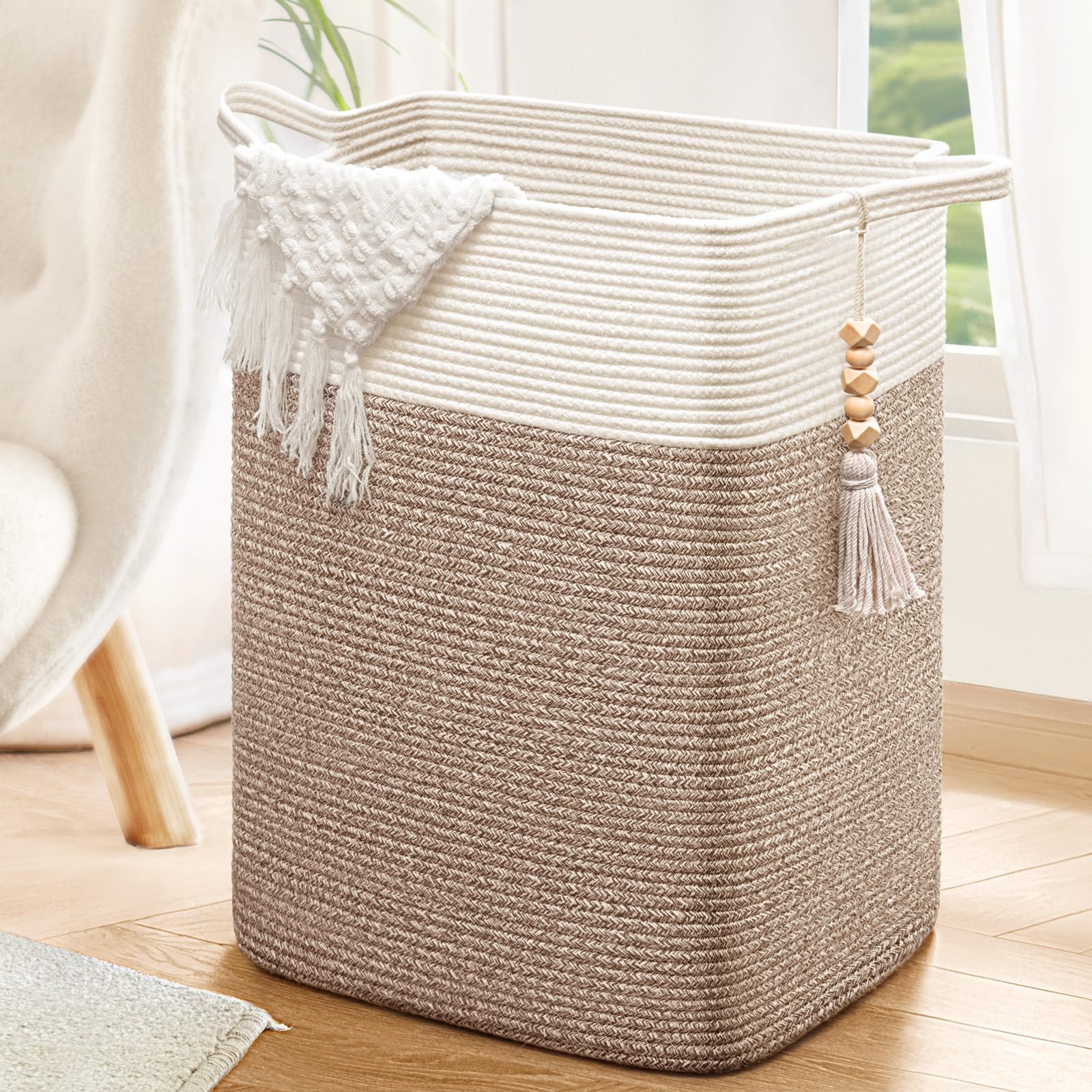 Goodpick Laundry Basket Laundry Hamper, Blanket Basket for Living Room Clothes Hamper for Laundry Room, Tall Basket, Woven Laundry Basket, Storage Basket for Toys, Towels, 16x13x22in, Jute