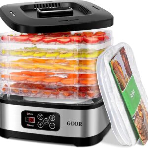 GDOR Food Dehydrator Machine with Adjustable Temperature & 72H Timer, 5-Tray Dehydrators for Food and Jerky, Fruit, Dog Treats, Herbs, Snacks, LED Display, 240W Electric Food Dryer with Recipe Book