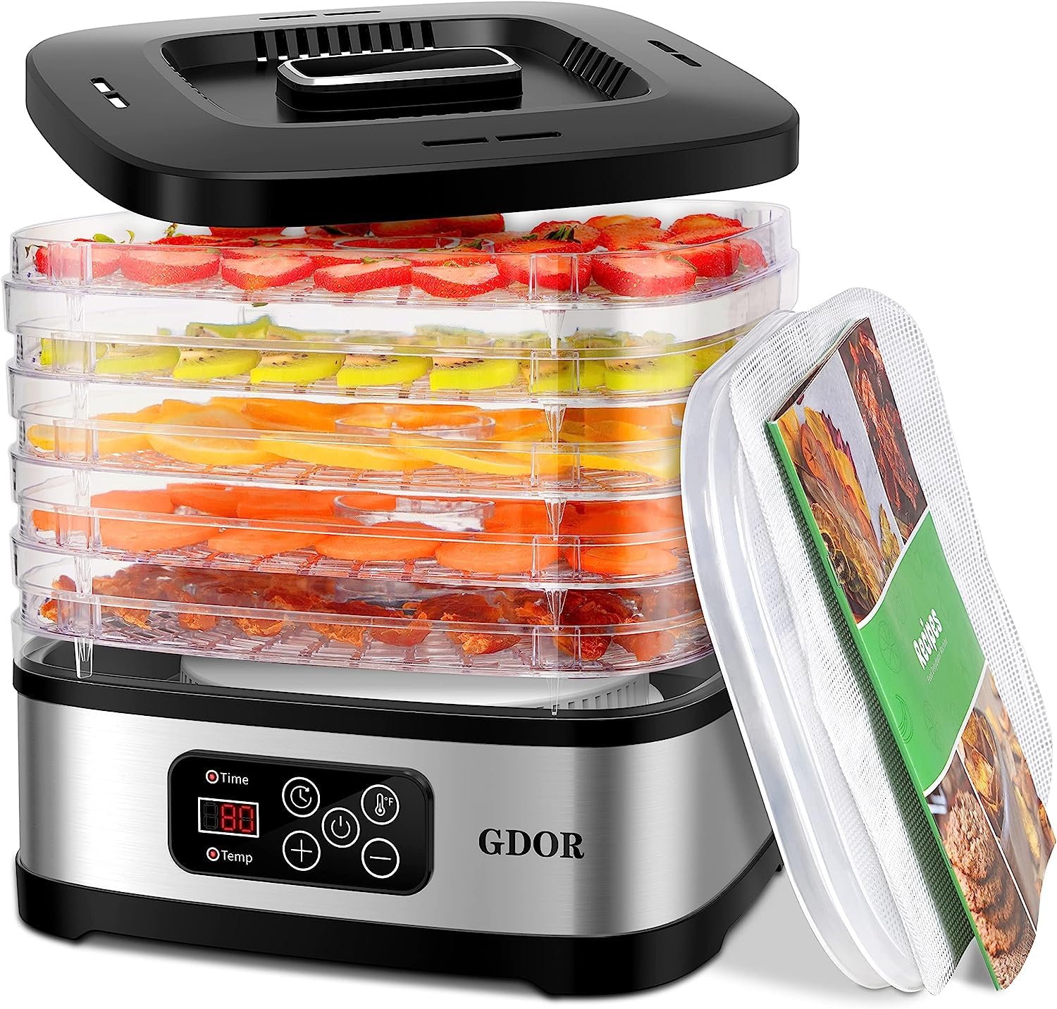 GDOR Food Dehydrator Machine with Adjustable Temperature & 72H Timer, 5-Tray Dehydrators for Food and Jerky, Fruit, Dog Treats, Herbs, Snacks, LED Display, 240W Electric Food Dryer with Recipe Book