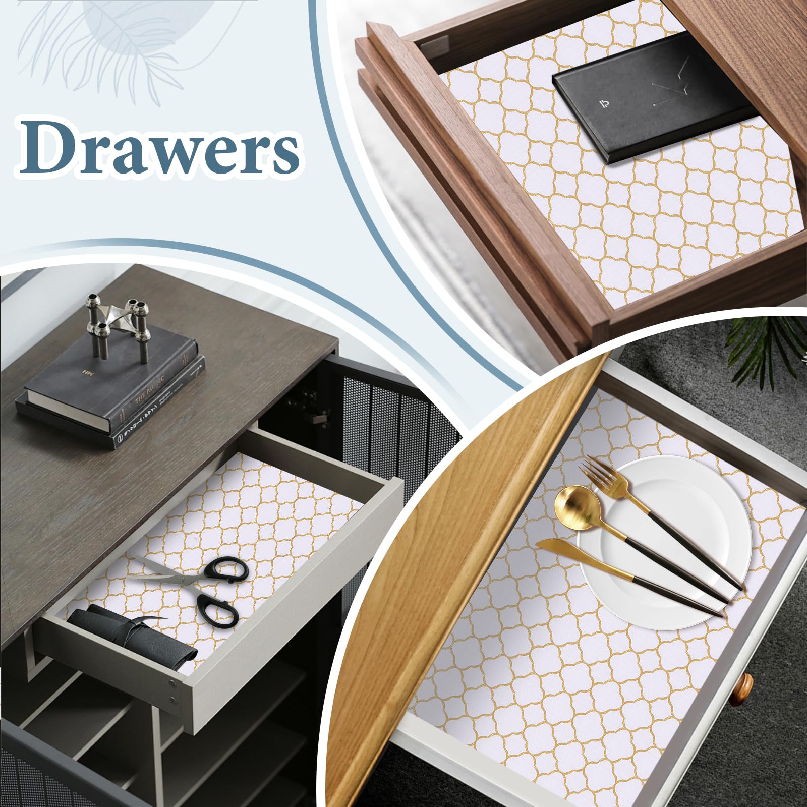 Shelf Liners for Kitchen Cabinets 12in x 20FT Non Adhesive Drawer Liner Gold Quatrefoil Thickened Shelf Liner Paper Strong Non-Slip Easy to Clean for Tool Box Refrigerator with Knife and Tape Measure