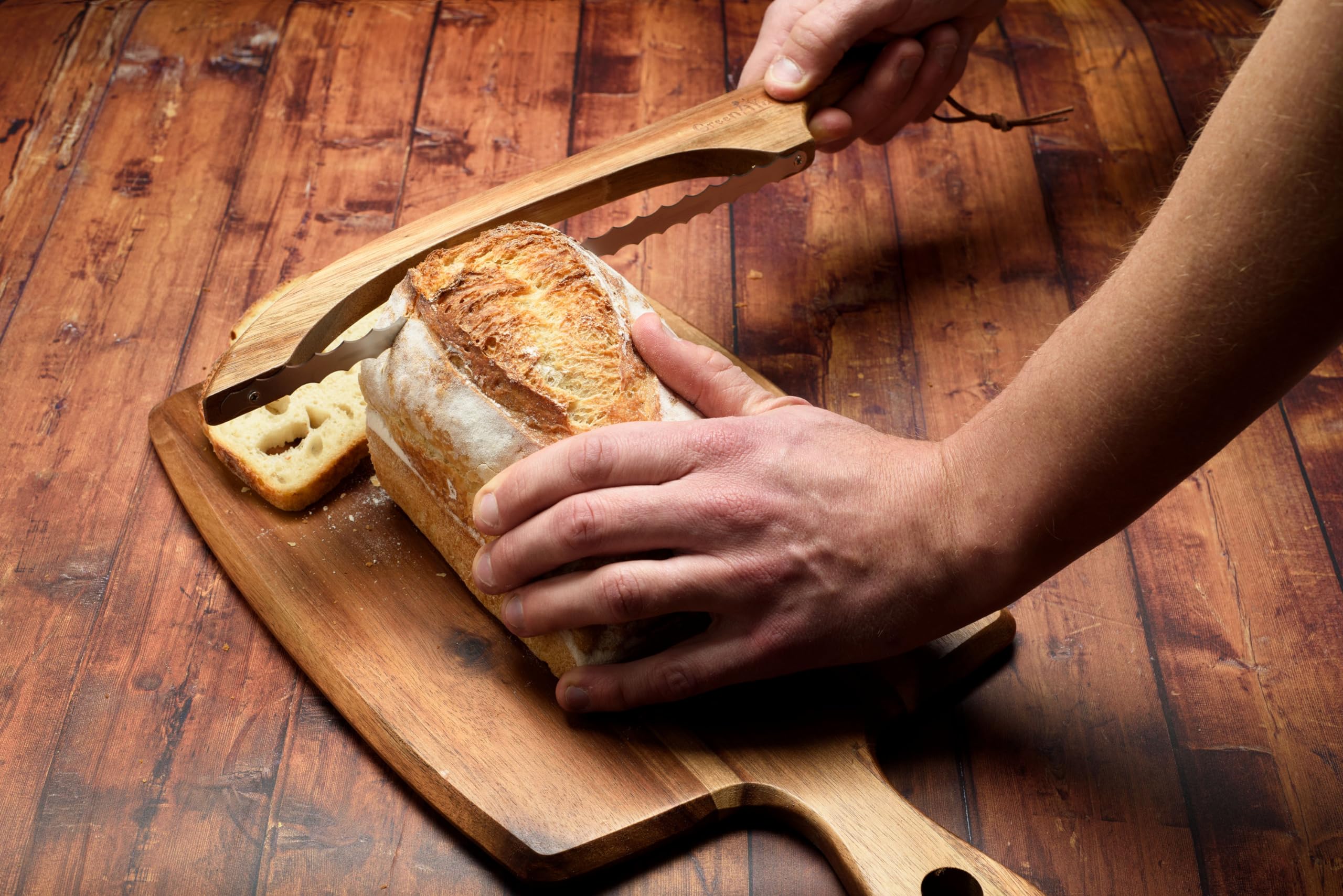 GREENARA Bow Knife - Bread Knife with Dual-Edge Serrated Blade - Right or Left-Handed Sourdough Bread Slicer - Premium Acacia Wood Handle, Stainless-Steel Saw Blade - Slicing & Cutting Kitchen Tool