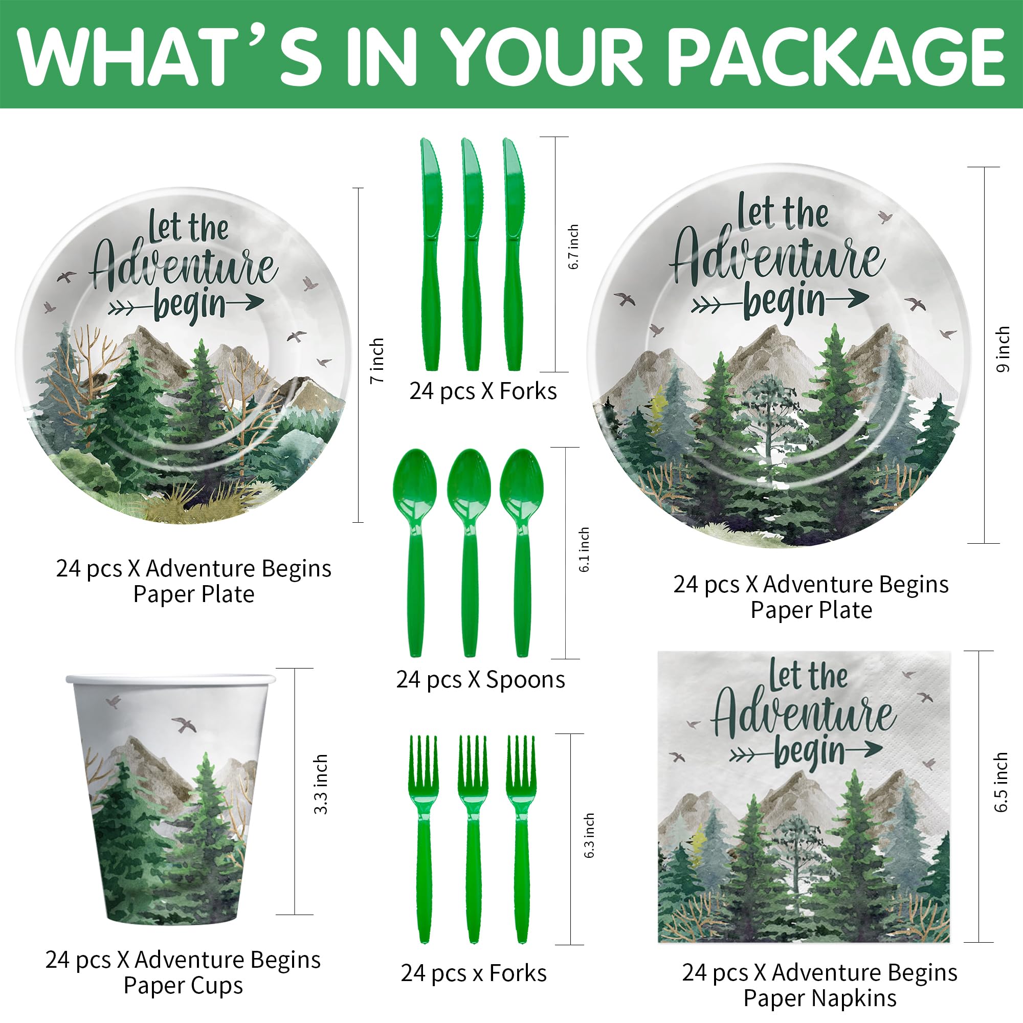 HIPVVILD Let The Adventure Begin Baby Shower Decorations Tableware - Adventure Awaits Party Decorations, Plate, Cup, Napkin, Cutlery, Mountain Forest Woodland Camping Travel Party Supplies | Serve 24