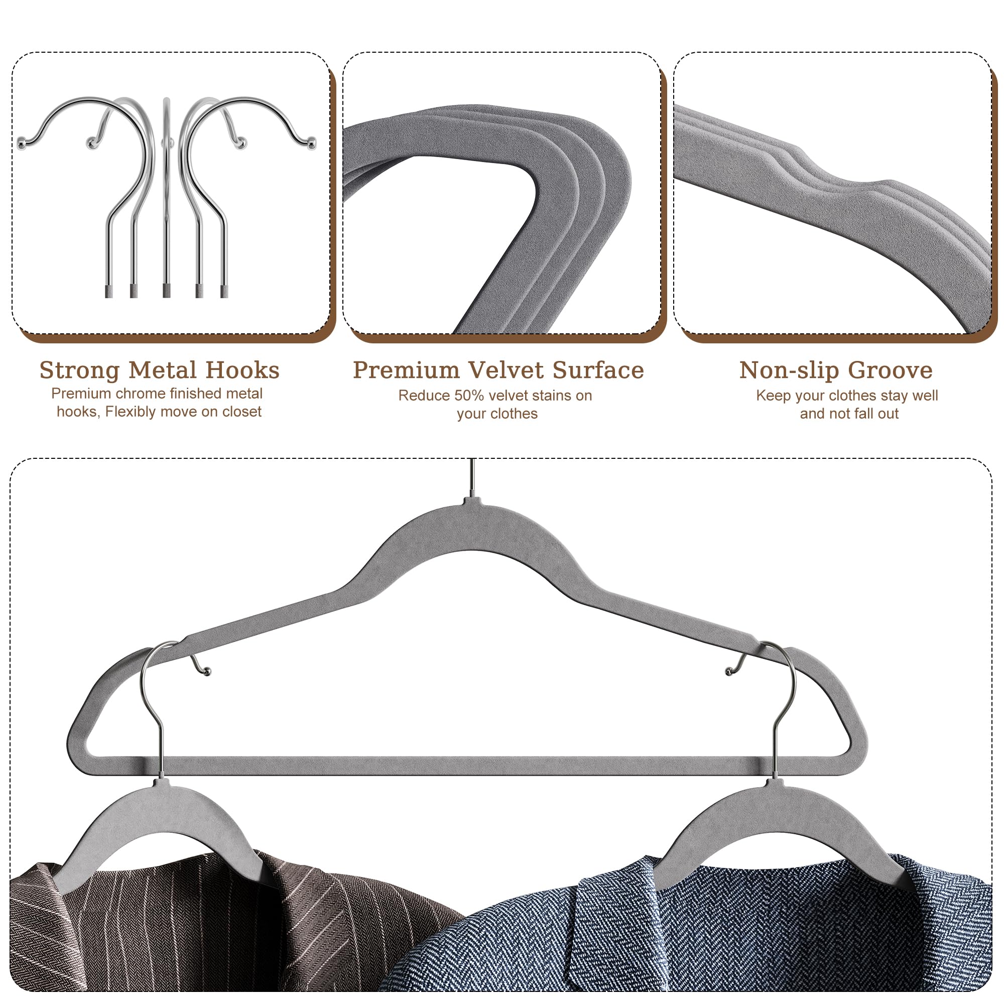 GETORO Velvet Hangers 30 Pack, Non Slip Space Saving Clothes Hangers with Metal Hooks, Black Felt Hangers, Heavy Duty Flocked Hanger