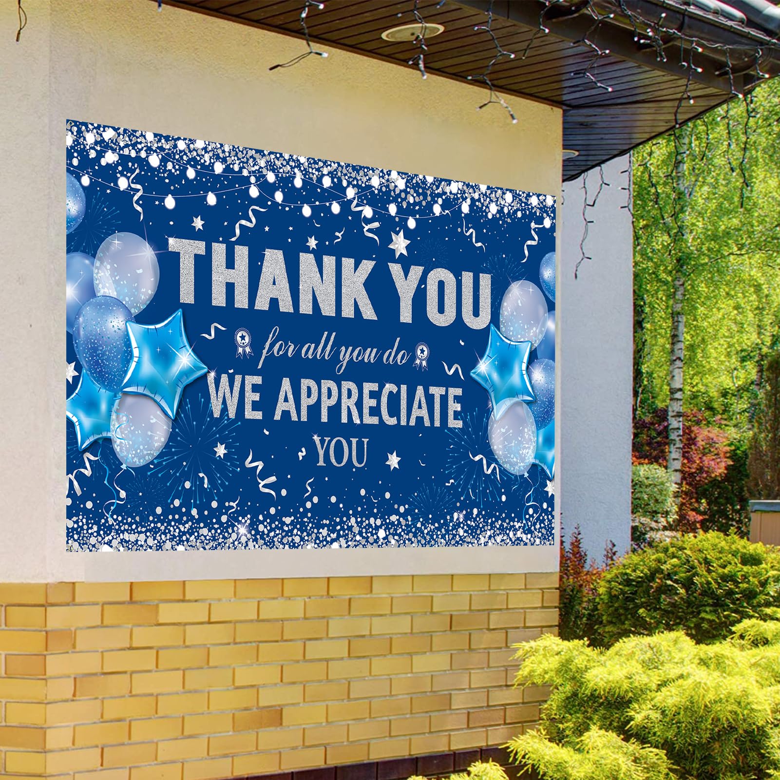 HOWAF Thank You for All You Do Party Decoration Banner, Employee Appreciation Banner for Staff Teachers Doctors Appreciation Party, We Appreciate You Backdrop Banner, Blue and Silver, 72.8" x 43.3"