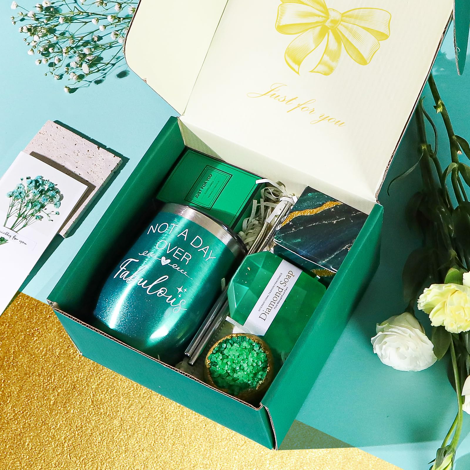 WECURATED Christmas Gift Baskets for Women, Emerald Green Gifts for Mom from Daughter Son, Luxury Relaxing Spa Self Care Gifts for Women, 30th 40th 50th 60th Unique Birthday Care Package