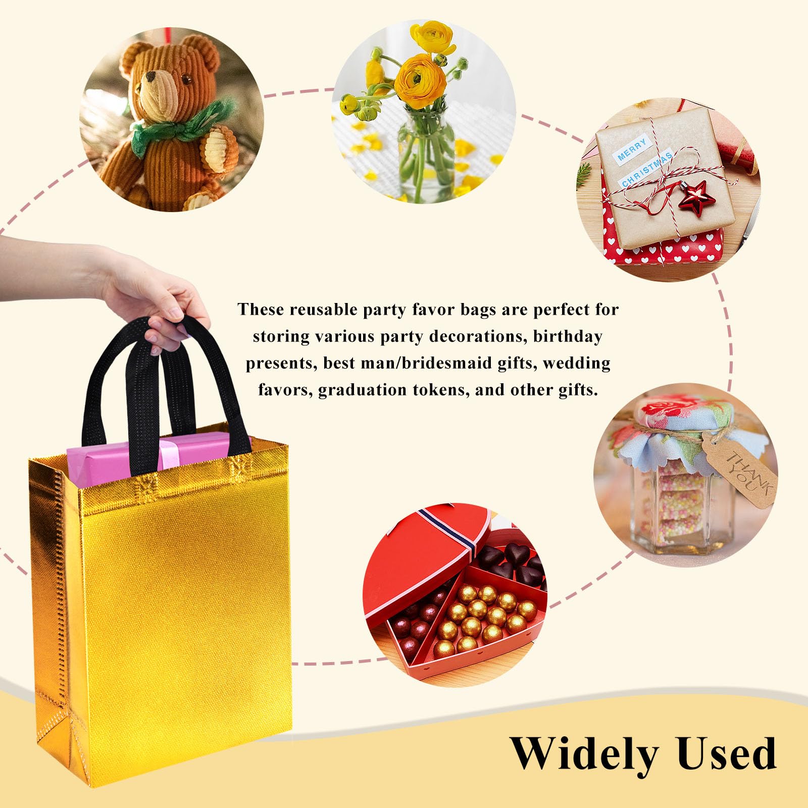 STARRKY 15PCS Reusable Gift Bags with Handles, Gold Gift Bags with Glossy Finish Non-woven Bags 8x4x10 Inch for Kids Birthday Wedding Party Favors