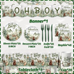 Let The Adventure Begin Baby Shower Tableware,Woodland Baby Shower Plates and Napkins Decorations Cups Banner Tablecloth for Adventure Awaits Baby Shower Boy Mountain Party Decorations