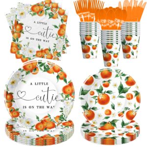 hipvvild little cutie baby shower decorations tableware, orange baby shower decorations, paper plate, napkin, cup, cutlery, fruit orange citrus baby shower plates and napkins party supplies | serve 24