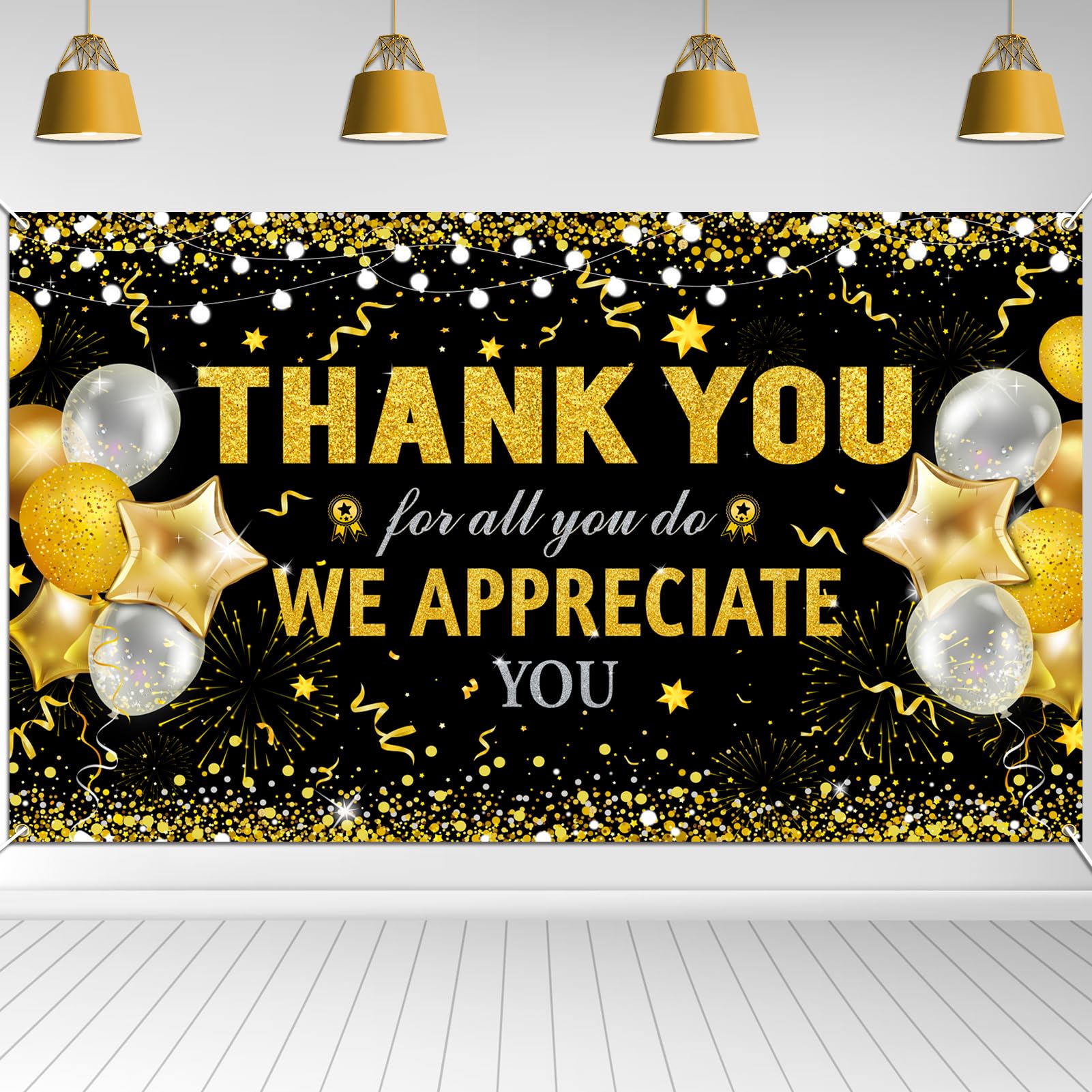 HOWAF Thank You for All You Do Banner, Employee Appreciation Banner for Staff Teachers Doctors Appreciation Party Decoration, We Appreciate You Backdrop Banner,Black and Gold, 72.8" x 43.3"