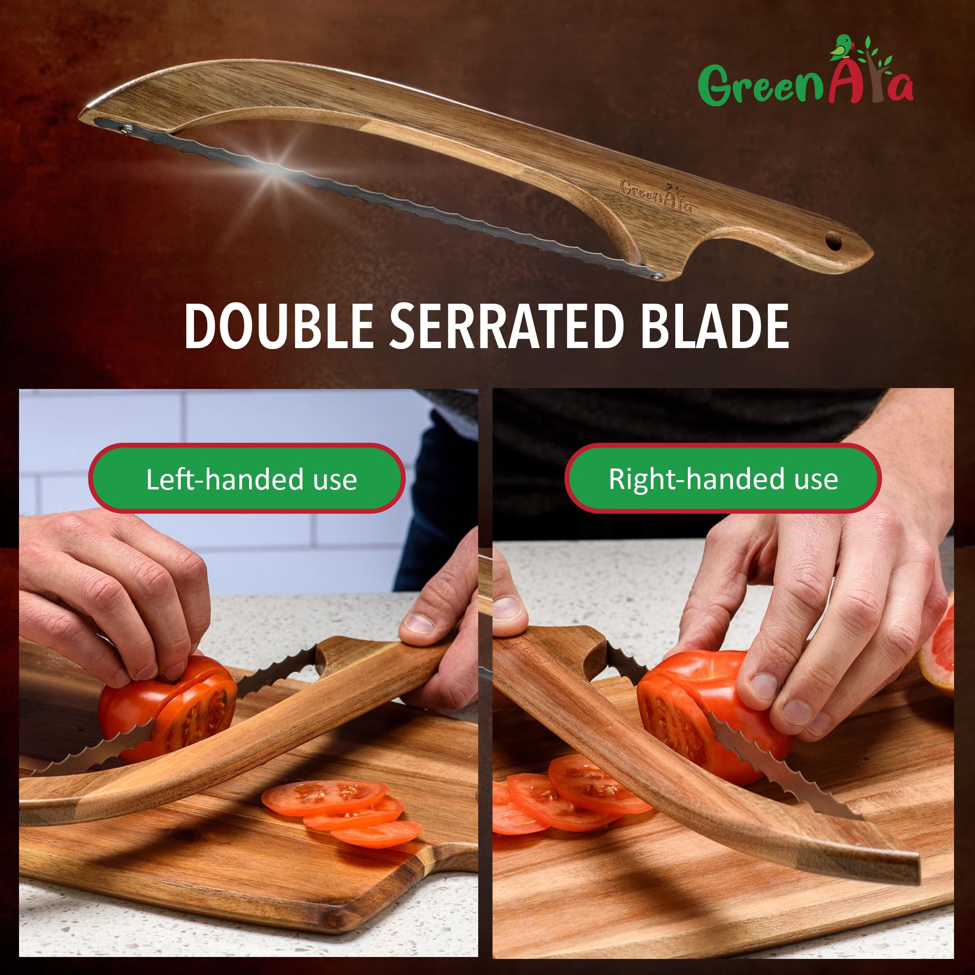 GREENARA Bow Knife - Bread Knife with Dual-Edge Serrated Blade - Right or Left-Handed Sourdough Bread Slicer - Premium Acacia Wood Handle, Stainless-Steel Saw Blade - Slicing & Cutting Kitchen Tool