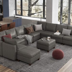 EASE MOOSE Convertible Modular Couch U Shaped Sofa with Storage Seat, Faux Leather Modular Sectional Sofa Oversized Sleeper Sofa with Reversible Chaises, Grey