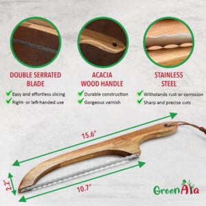 GREENARA Bow Knife - Bread Knife with Dual-Edge Serrated Blade - Right or Left-Handed Sourdough Bread Slicer - Premium Acacia Wood Handle, Stainless-Steel Saw Blade - Slicing & Cutting Kitchen Tool