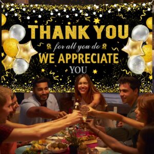 HOWAF Thank You for All You Do Banner, Employee Appreciation Banner for Staff Teachers Doctors Appreciation Party Decoration, We Appreciate You Backdrop Banner,Black and Gold, 72.8" x 43.3"