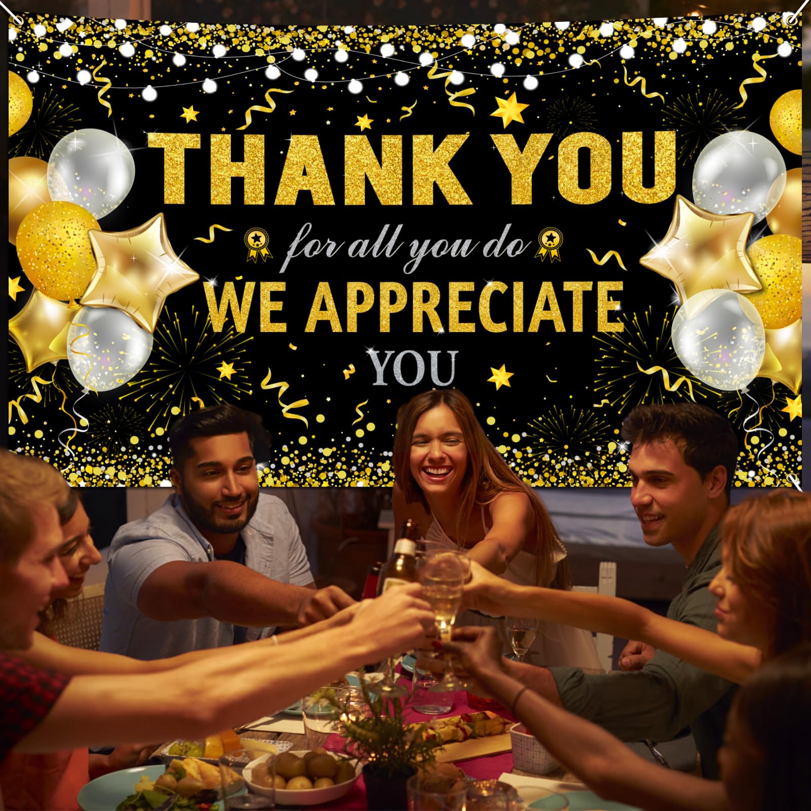 HOWAF Thank You for All You Do Banner, Employee Appreciation Banner for Staff Teachers Doctors Appreciation Party Decoration, We Appreciate You Backdrop Banner,Black and Gold, 72.8" x 43.3"