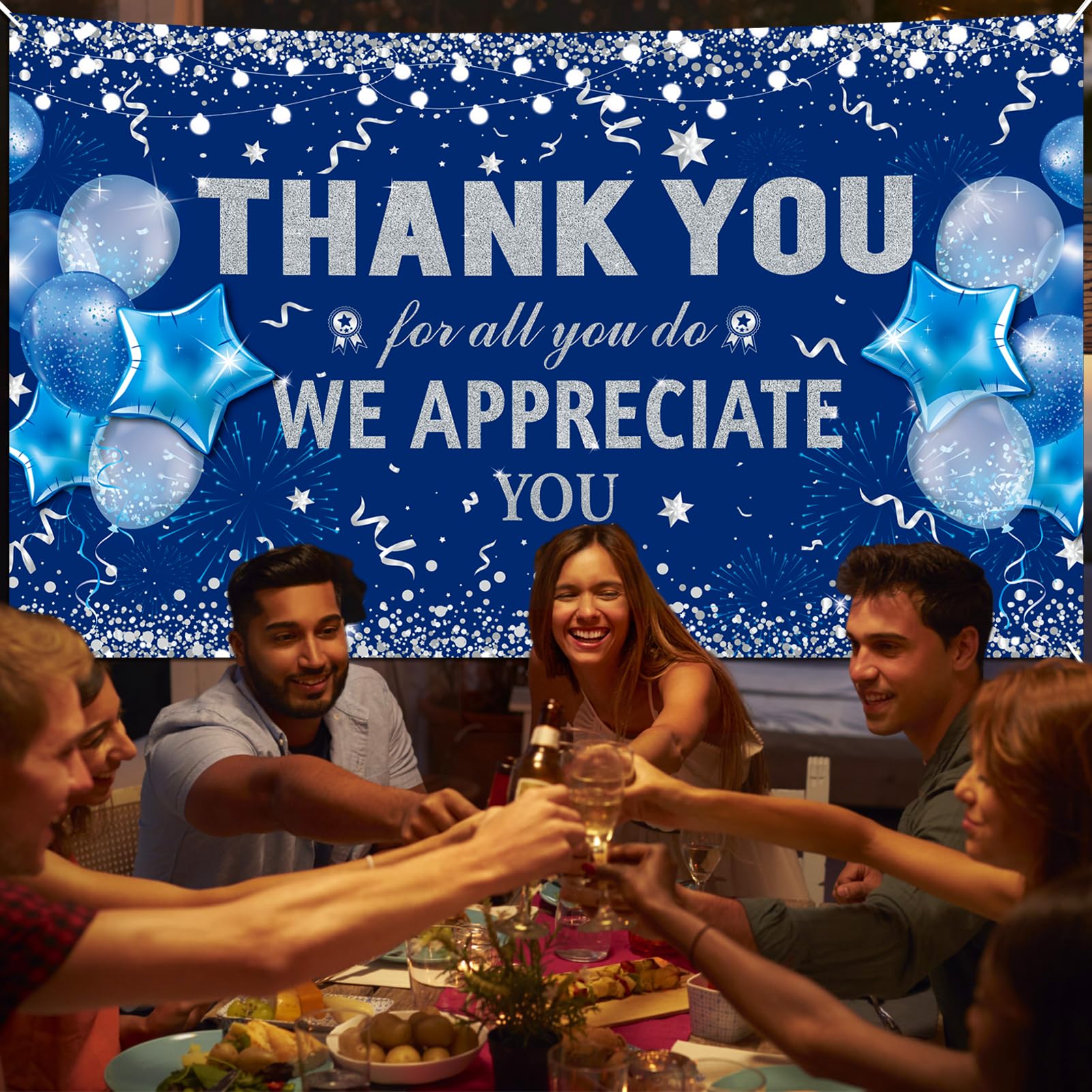 HOWAF Thank You for All You Do Party Decoration Banner, Employee Appreciation Banner for Staff Teachers Doctors Appreciation Party, We Appreciate You Backdrop Banner, Blue and Silver, 72.8" x 43.3"